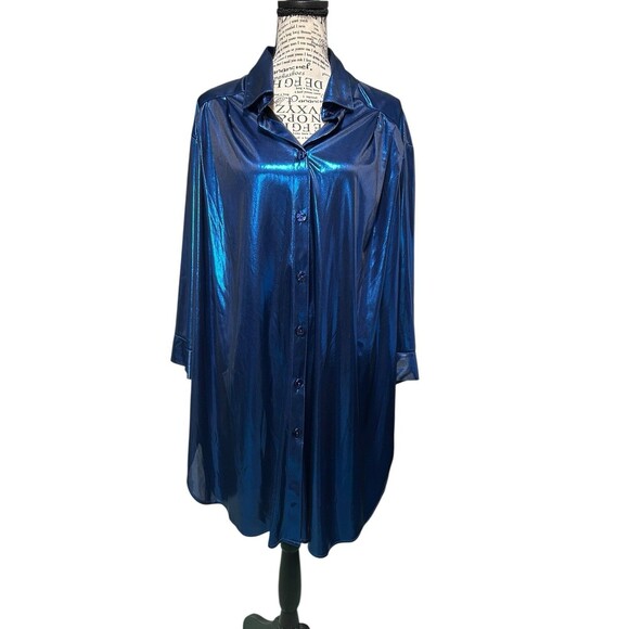 Vintage Y2K Button Shirt Plus 3X Shiny Metallic Blue Whimsigoth Witchy Fairy - Picture 1 of 9